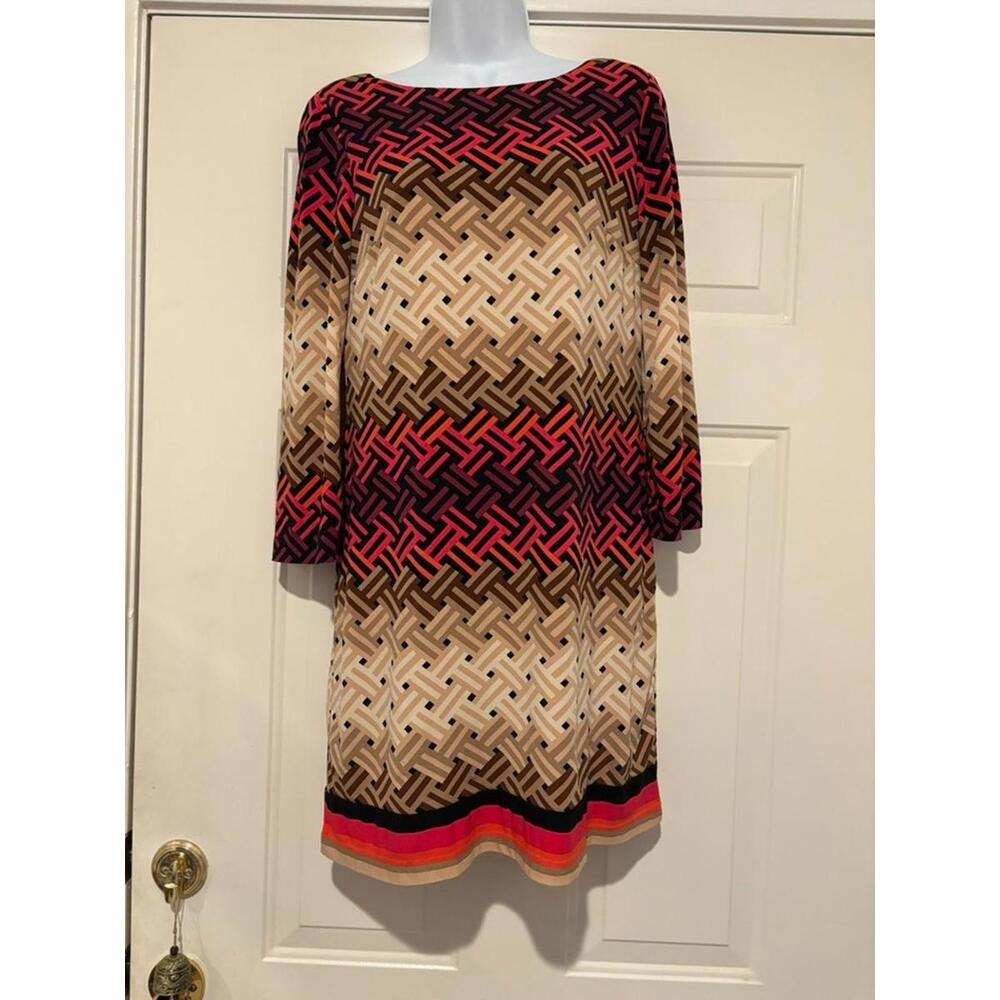 Women's sz S Eliza J pink/brown geometric long sleeve dress #1272‎